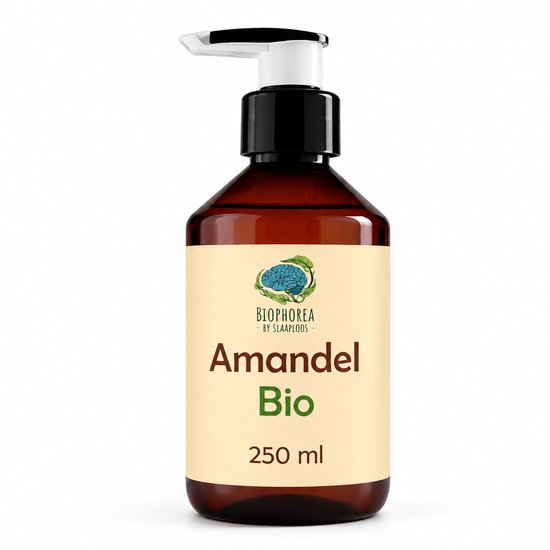 Bouteille brune avec distributeur à pompe, étiquette Amandel Bio 250ml, sur fond blanc.