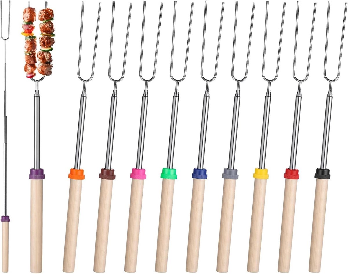 Set van 10 Uitschuifbare Roestvrijstalen Vorken voor BBQ en Kampvuur, Perfect voor Smores en Hotdogs, Ideaal voor Buitenactiviteiten en Vuurplaats