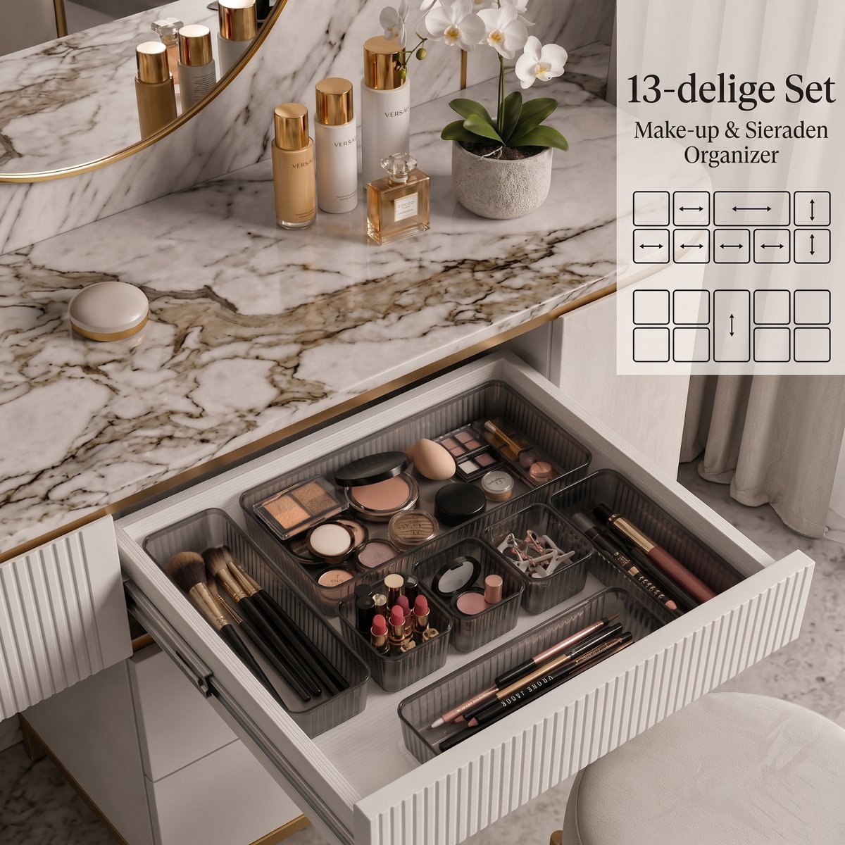 INDECOR Lade Organizer Set 13 Stuks - Keukenlade Organizer - Bestek Organizer - Ladeverdeler - Opbergbakjes voor Keuken, Badkamer & Bureau - Make-up & Sieraden Organizer - Fumé