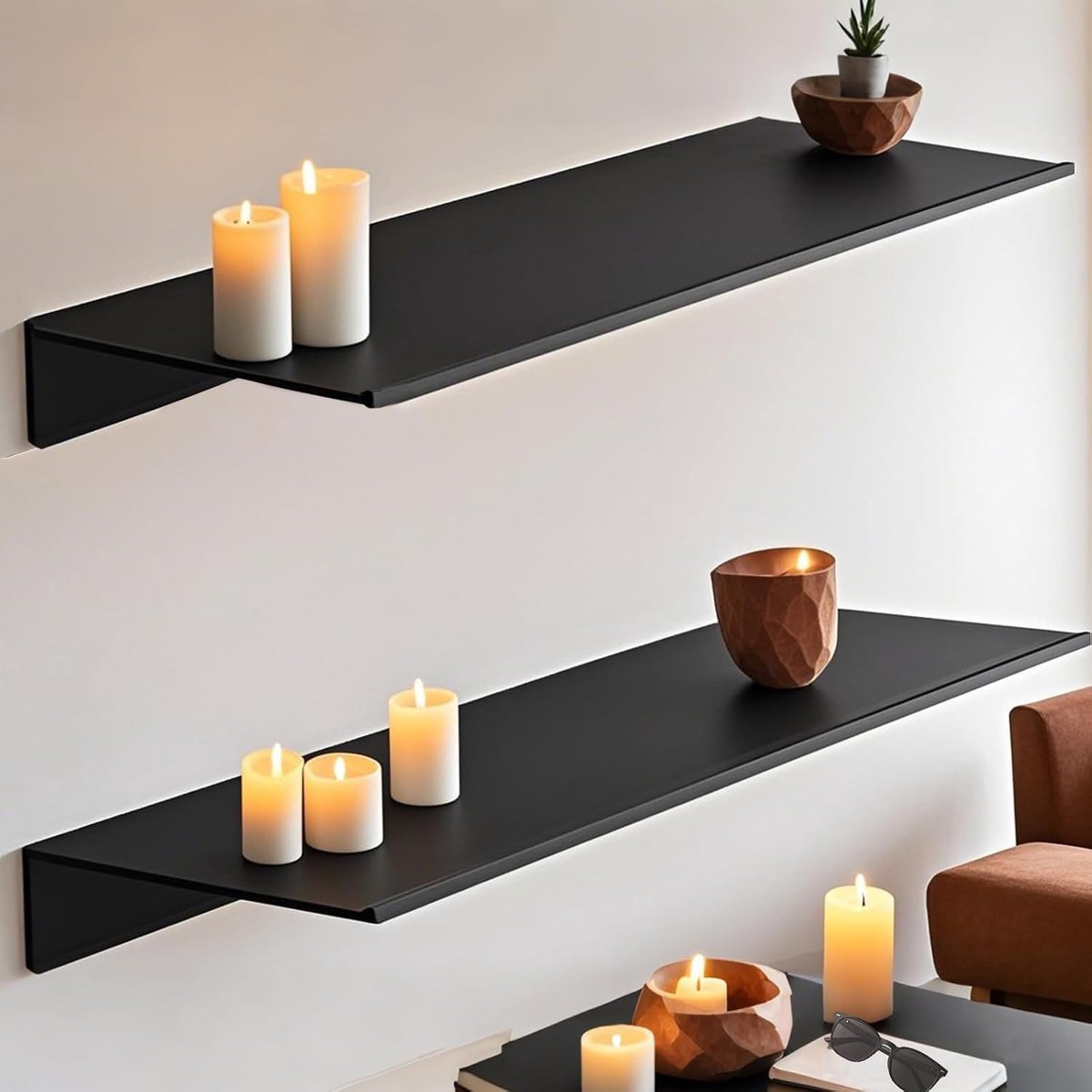 Set van 2 Wandplanken van 40 cm, Zwart, Zwevende Plank, Muurplank Zonder Boren, Ideaal voor Woonkamer, Badkamer, Keuken en Slaapkamer