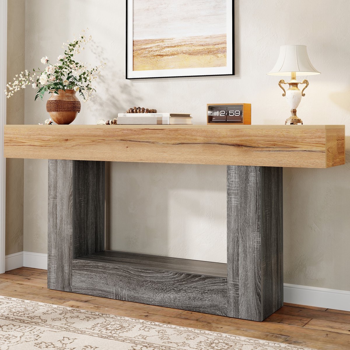 Wishdor Sidetable - Tweekleurig houtlook design - Met onderplank en U-vormige steun - Voor hal en woonkamer - Bewerkt hout - Naturel en grijs - 160 x 30 x 82,5 cm