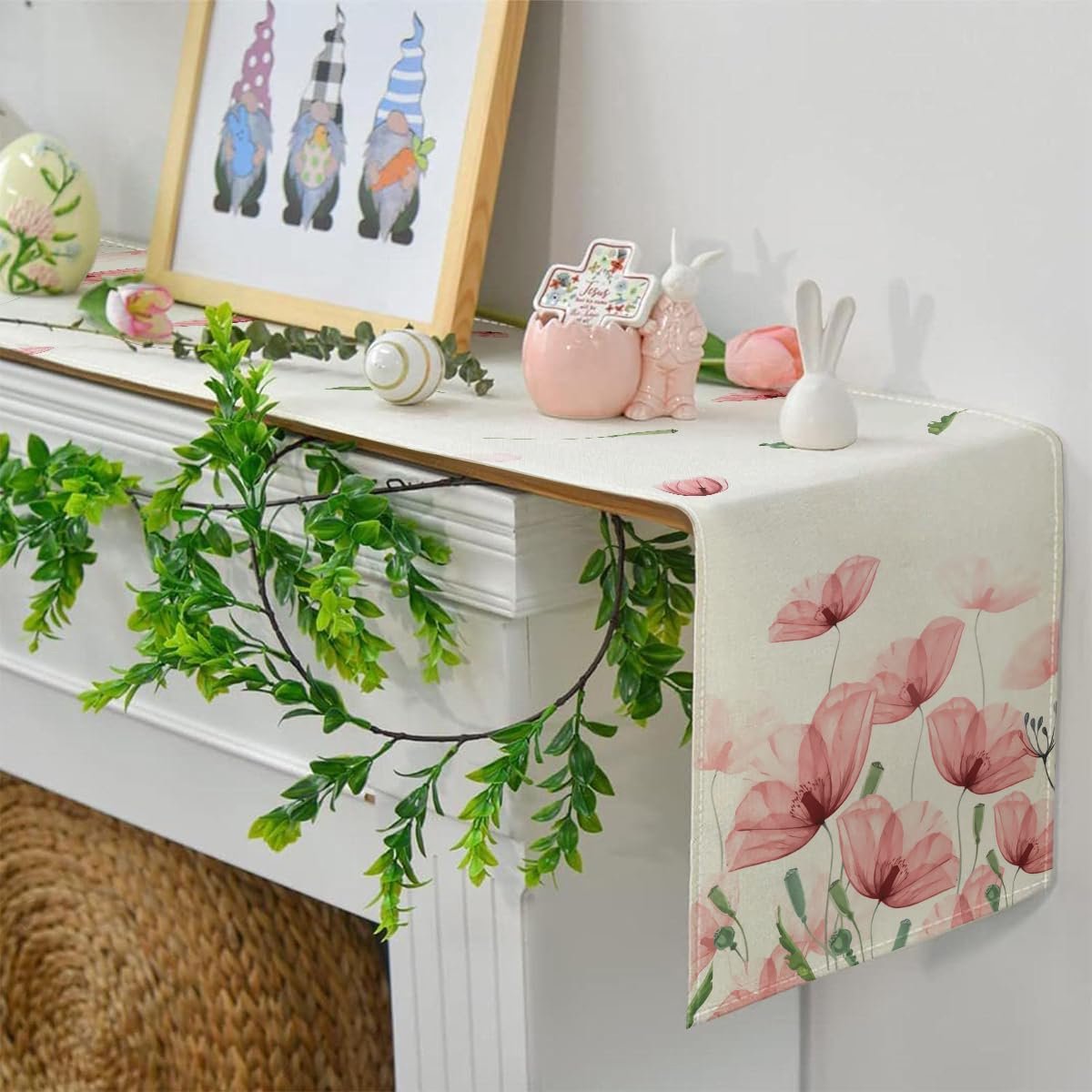 Tafelloper modern lente zomer 40 x 200 cm afwasbaar landelijke stijl linnen tafelloper roze bloemen botanisch - ShopVlot