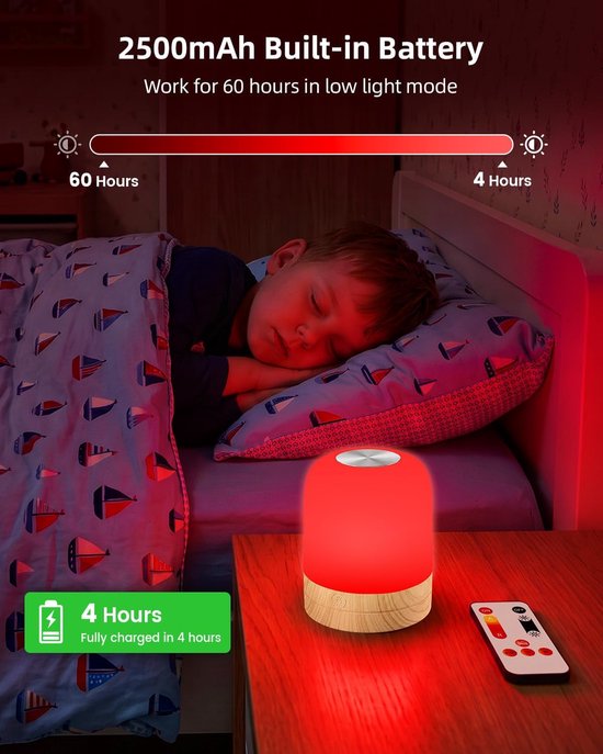 Oplaadbaar 670nm Rood & 1700K Amber Bedlampje - Afstandsbediening, Timer, Geheugenfunctie, Dimbaar Blauwlicht Filterend Slaaplicht — afbeelding 3