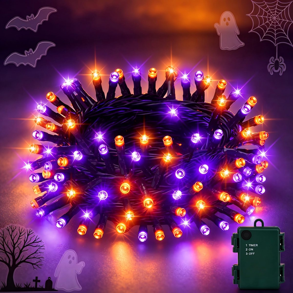 Etopgo Halloween decoratieve lichtketting, 5 m, 50 leds, oranje paars, lichtsnoer, batterij met timer, IP65 - ShopVlot