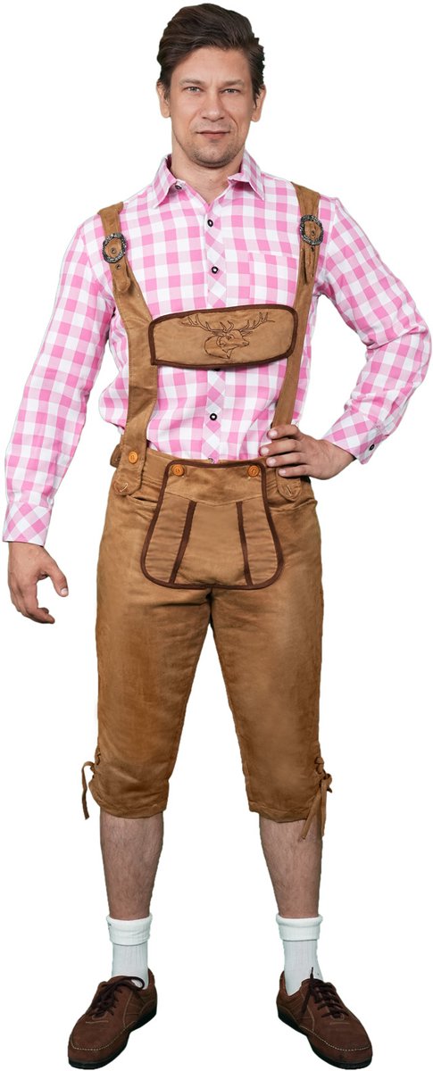 Zebra & Friends Lederhosen Man – Lederhose Heren – Suède Lederlook met Bretels – Wasbaar – Oktoberfest Heren – Tiroler Broek Heren – Bruin – Maat L