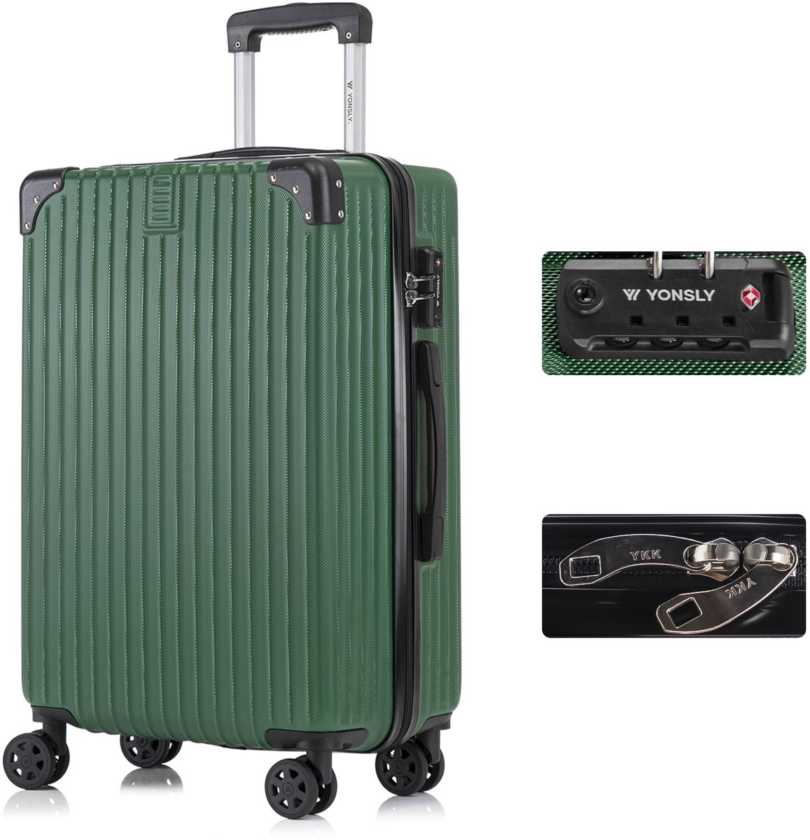 YONSLY Handbagage Koffer - 66cm - 66 L - TSA Slot - 360° Draaibare Wielen - Trolley - Donkergroen