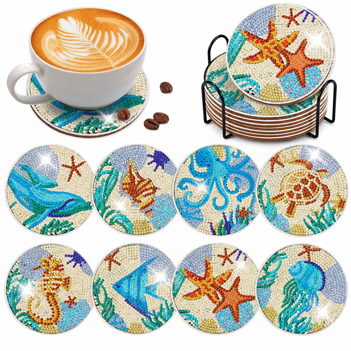 YYchan DIY Diamond Painting Onderzetters Set - 8 Stuks met Houder - Handgemaakt & Hittebestendig - Pakket Volwassenen en Kinderen - Zeesterren en vissen