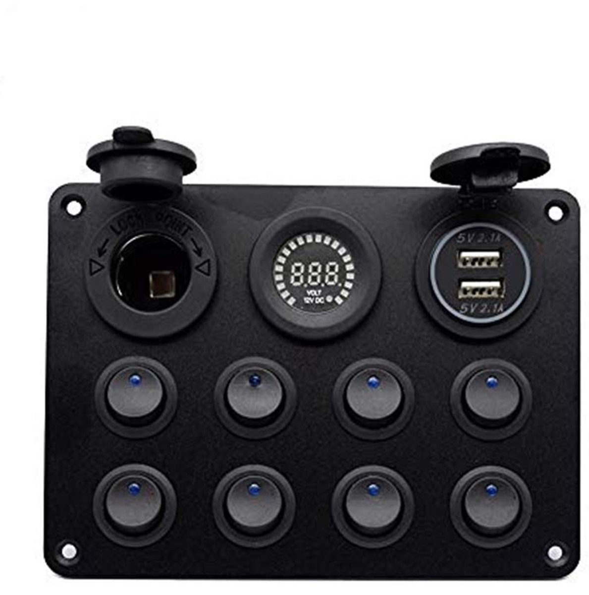 Paneel met schakelaars, 12-24V, 8 uitgangen, dubbele USB-aansluiting, 12V LED voltmeter en aansluiting voor auto, boot, camper en vrachtwagen