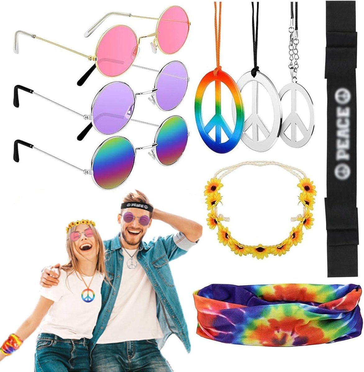 Retro Hippie Kostuum Set met 9 Stukken, Inclusief Ronde Zonnebril, Vredesteken Ketting en Kleurrijke Hoofdband voor Themafeesten en Carnaval