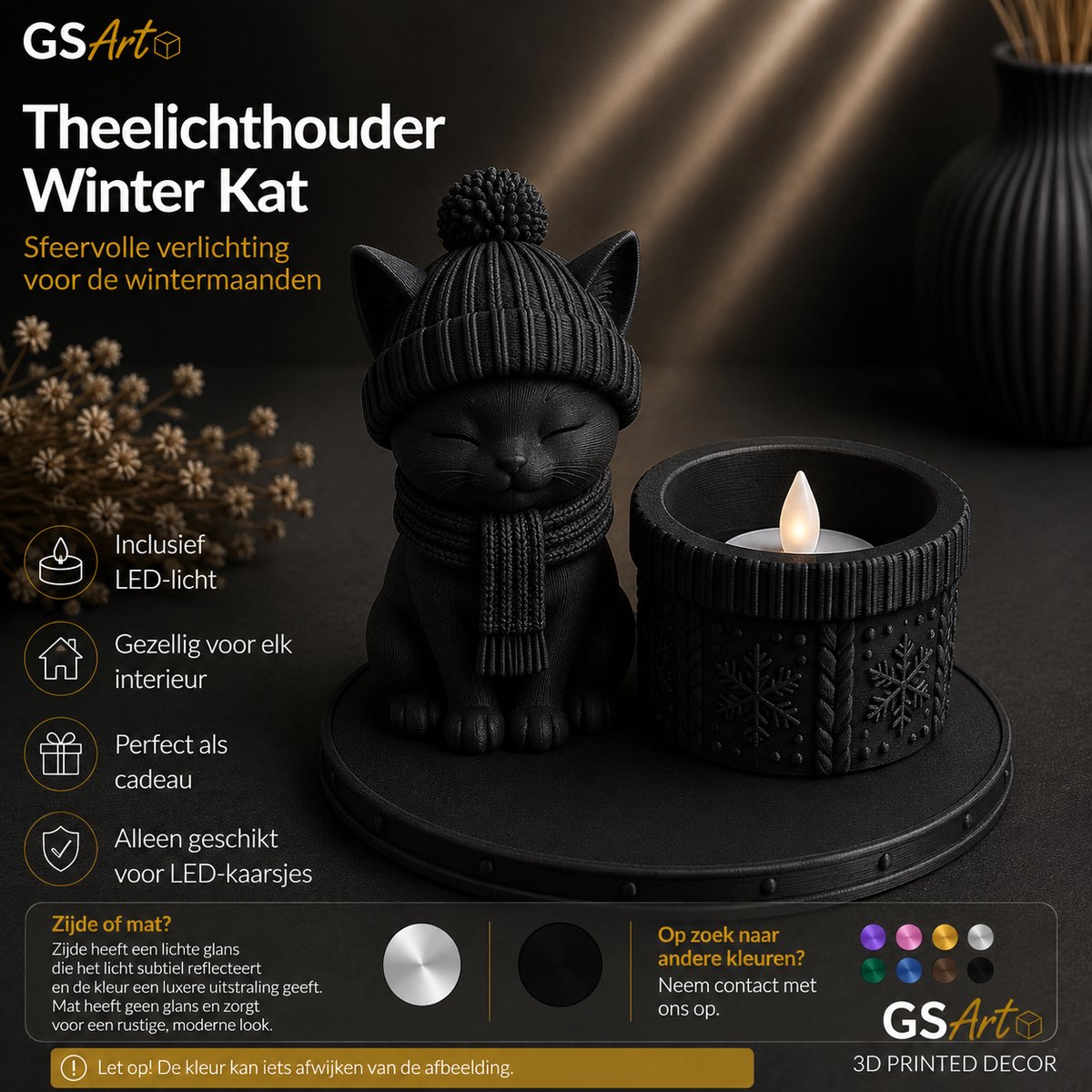 GSArt Theelichthouder Winter Kat – Inclusief LED-kaarsje - Mat Zwart