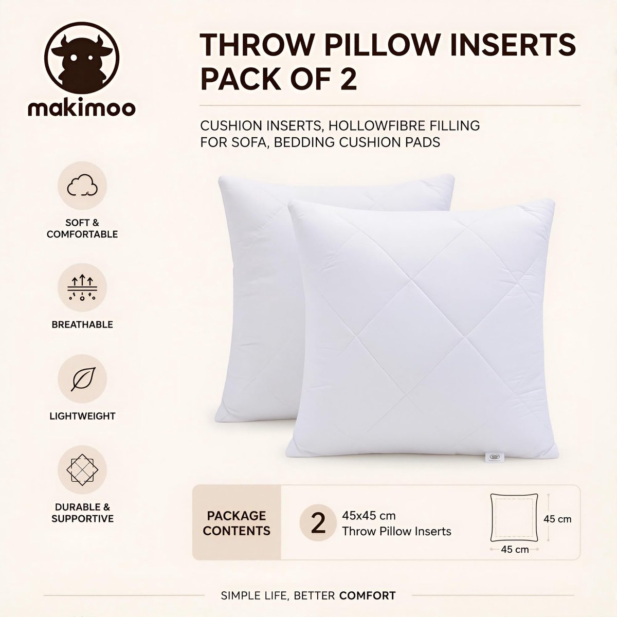 Hoofdkussen set van 2 stuks - 45 x 45 cm - polyester binnenkussen - ideaal voor bed en bank - ShopVlot