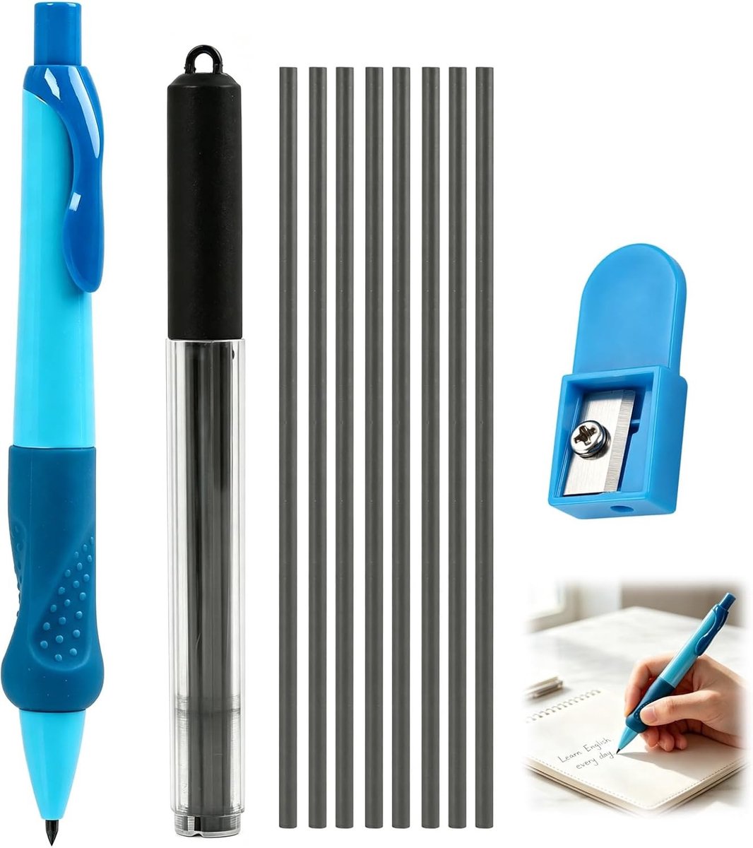 Ergonomisch vulpotlood voor linkshandigen met antislip gripzone - inclusief 8 reservevullingen en puntenslijper - perfect voor kinderen, beginners en volwassenen met schrijfbehoeften
