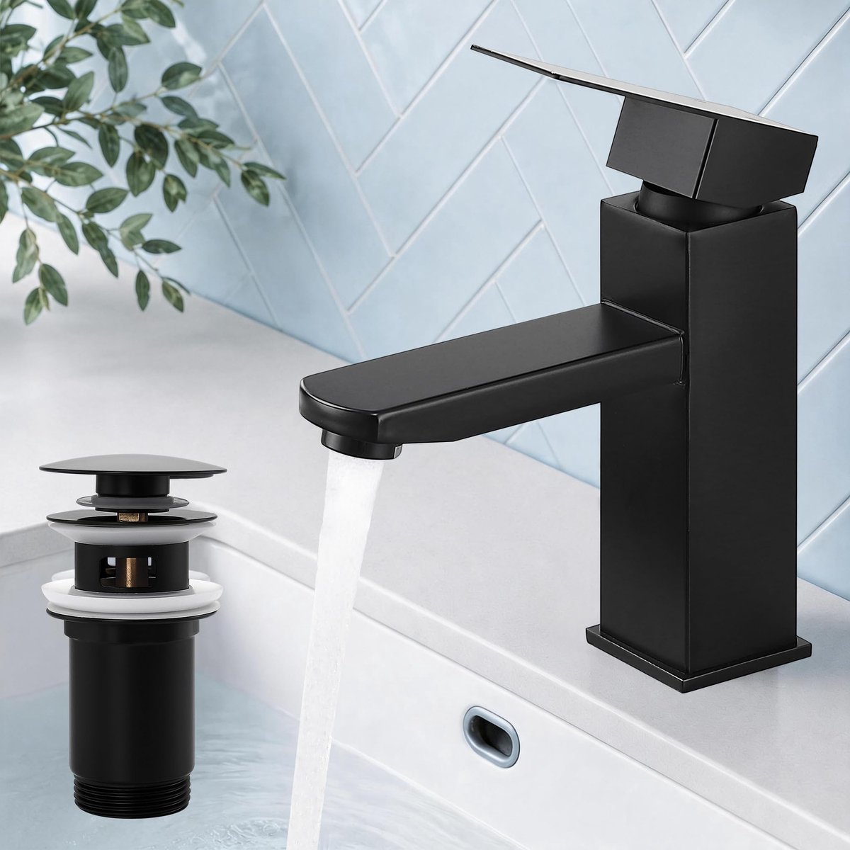 Kraan badkamer zwart met afvoergarnituur - wastafelarmatuur - modern design - eenvoudig te installeren - ShopVlot