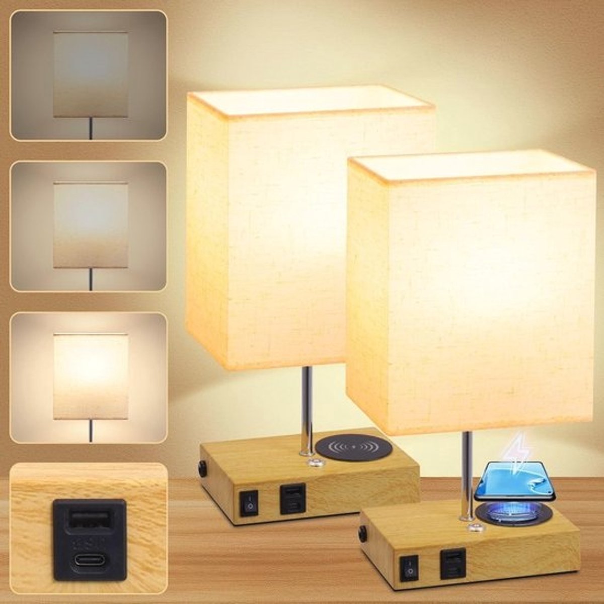 Verstelbare oplaadbare bedlamp met USB-C en draadloze oplader voor slaapkamer en woonkamer