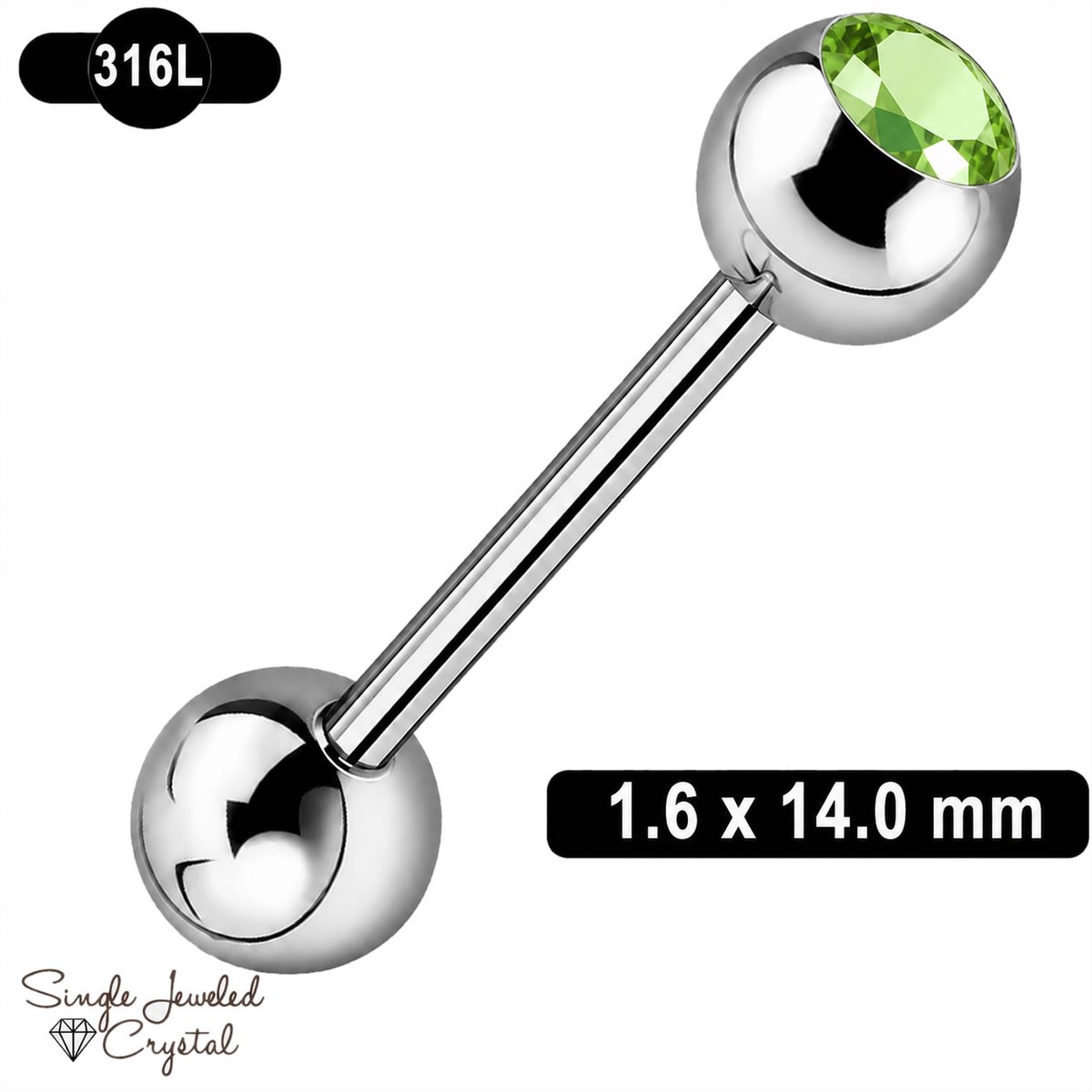 Tongpiercing 1,6 x 14 mm – 316L Chirurgisch Staal – Zilverkleurig met Lichtgroene Kristal – 5 mm Balletjes