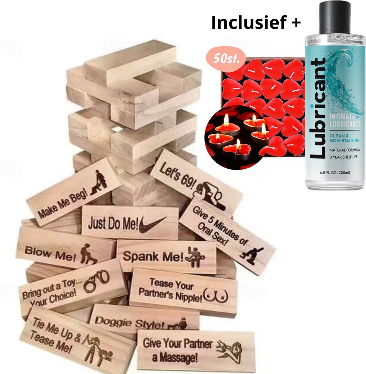 Jenga Spel - Sex spelletjes - Cadeau voor vriendin - Cadeau mannen verjaardag - Cadeaupakket - Geschenkset vrouw - Erotische geschenkset inc. Jenga, glijmiddel en hartjeskaarsjes-Partner