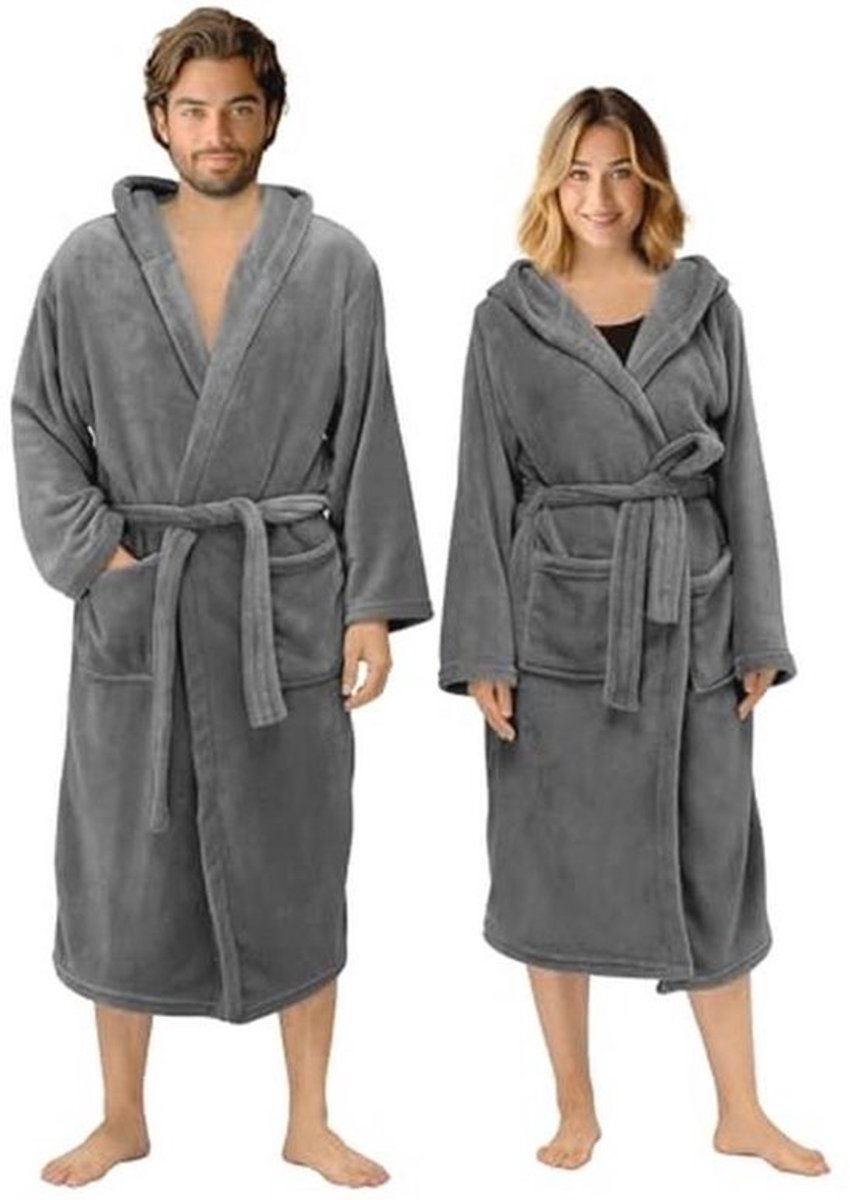HOMELEVEL badjas dames en heren - Unisex ochtendjas voor hem & haar - Met ceintuur, zijzakken en capuchon - Beschikbaar in meerdere maten