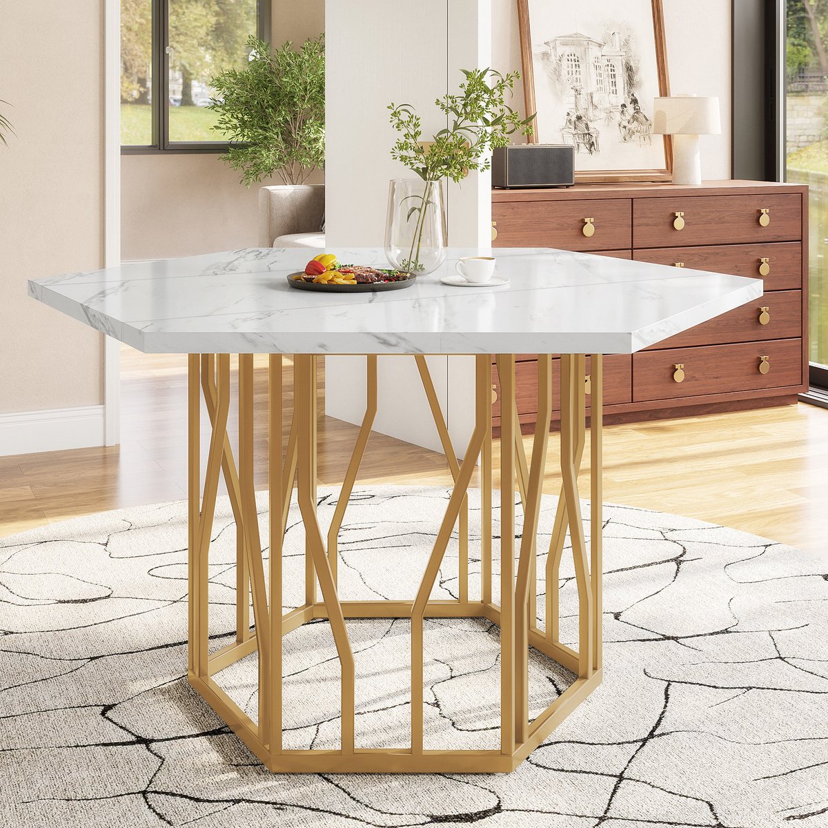 Wishdor Set tafel en stoelen - Vijfdelige eetkamerset - Zeshoekige tafel met 4 stoelen - Modern - Eetkamer - Bewerkt hout en metaal - Goud grijs - 115,5 x 100 x 75 cm