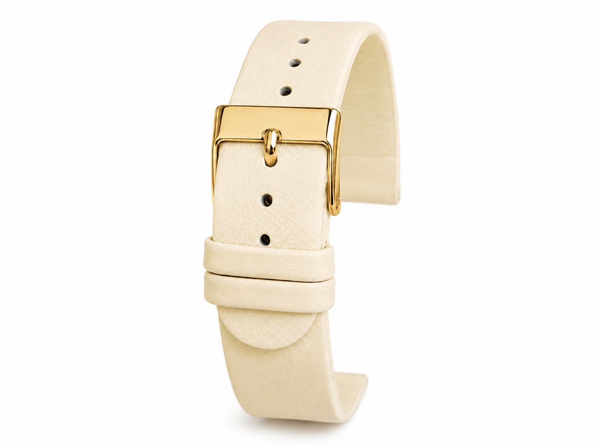 Horlogeband-horlogebandje-Crème-18mm-Echt Leer-Recht-Glad-CRÈME-Goudkleurige Gesp-Soepel-Zacht-Leer-18 mm