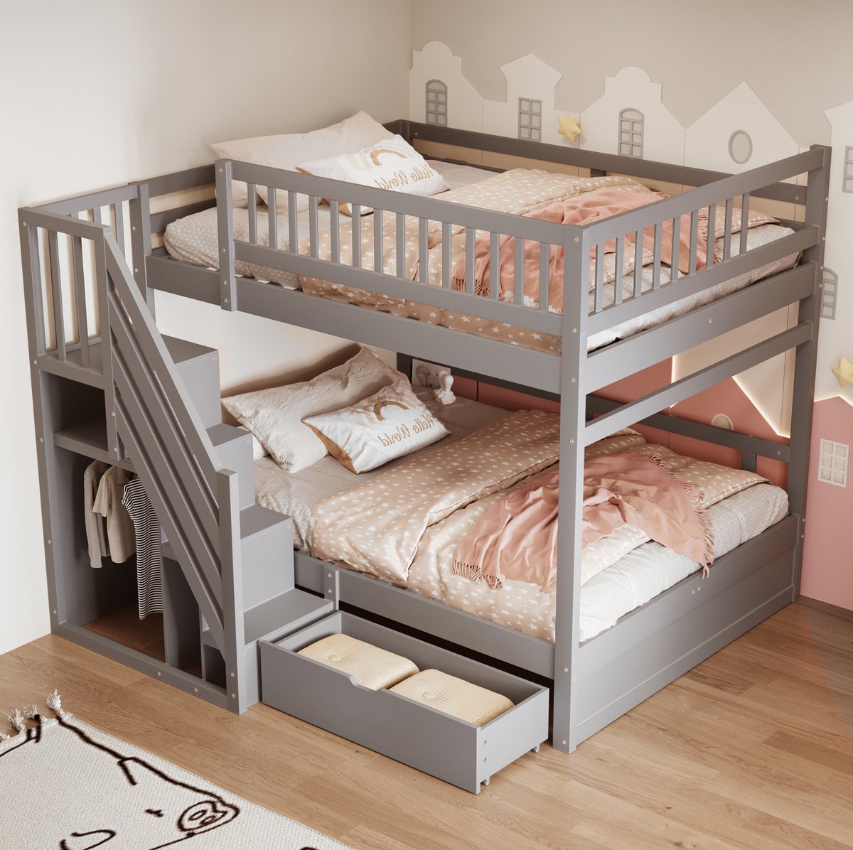 Wishdor Stapelbed - Kinderbed met veiligheidsladder en opbergruimte - Lattenbodem, bedlade en uitvalbeveiliging - Grijs - Hout en MDF - 205 x 145 x 173,5 cm