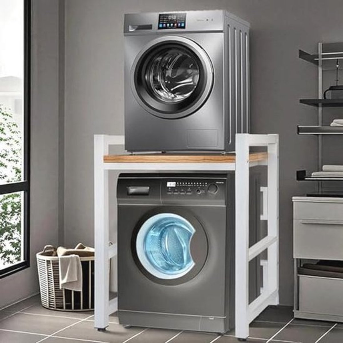 Wasmachinekast met droogkast en verstelbare rekken - Draagvermogen 300 kg - Voor badkamer, keuken, balkon en wasruimte