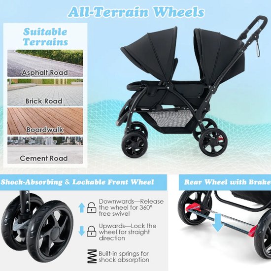 Dubbele Kinderwagen - Tandem Buggy voor 2 Kinderen - Verstelbare Rugleuning & Voetensteun - Opvouwbaar - 5-Puntsgordel - Zwart — afbeelding 2