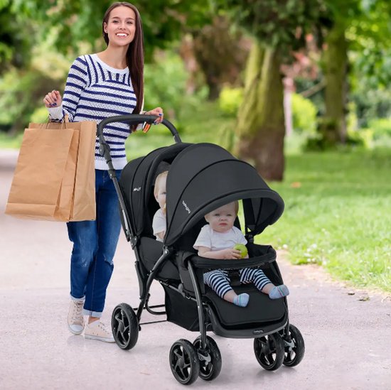 Dubbele Kinderwagen - Tandem Buggy voor 2 Kinderen - Verstelbare Rugleuning & Voetensteun - Opvouwbaar - 5-Puntsgordel - Zwart — afbeelding 5
