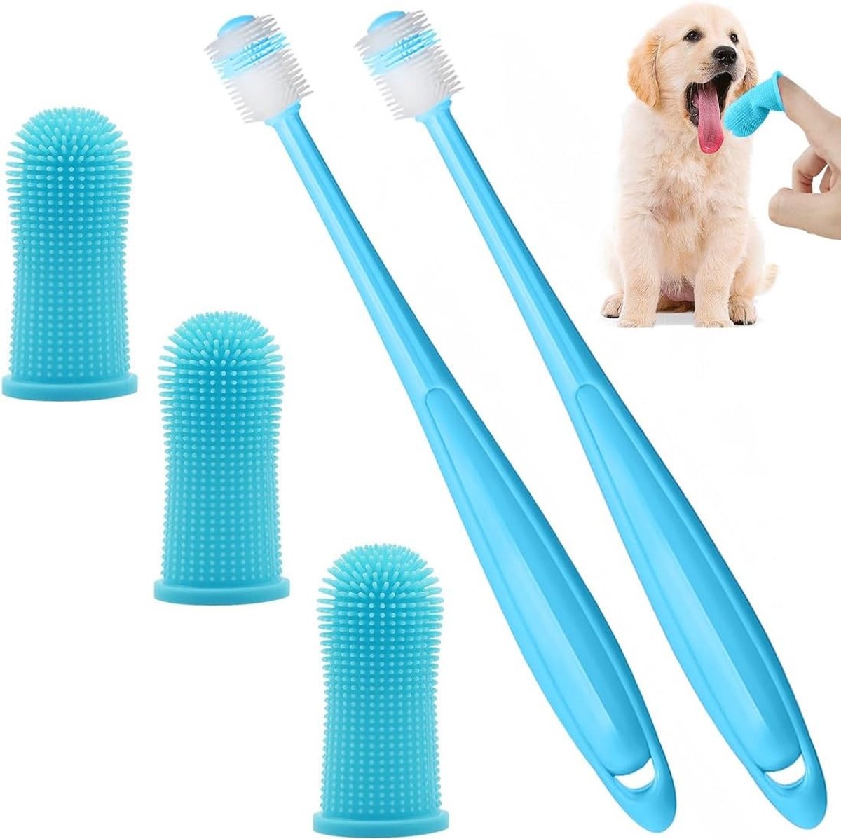 360 Graden Silicone Tandenborstel voor Honden en Katten, Effectieve Tandverzorging voor Puppies en Kleine Huisdieren - Set van 5, Blauw