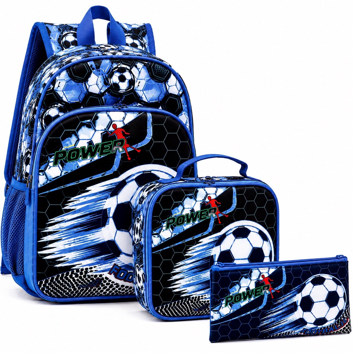 Ultiluxe® Rugzak voetbal voor jongens - Met lunchtas en etui - Schooltas voor kinderen - Kinderrugzak voor school - 3 stuks - 40 x 30 x 15 cm - Geïsoleerde lunchtas - 18 L - Schoolrugzak - 3-delige set - Rugtas met voetballen - Blauw/zwart