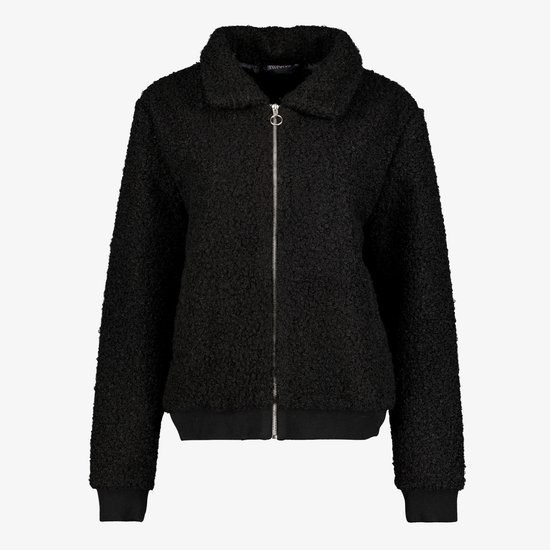 Zwarte teddy bomberjas met opstaande kraag en zilverkleurige ritssluiting.