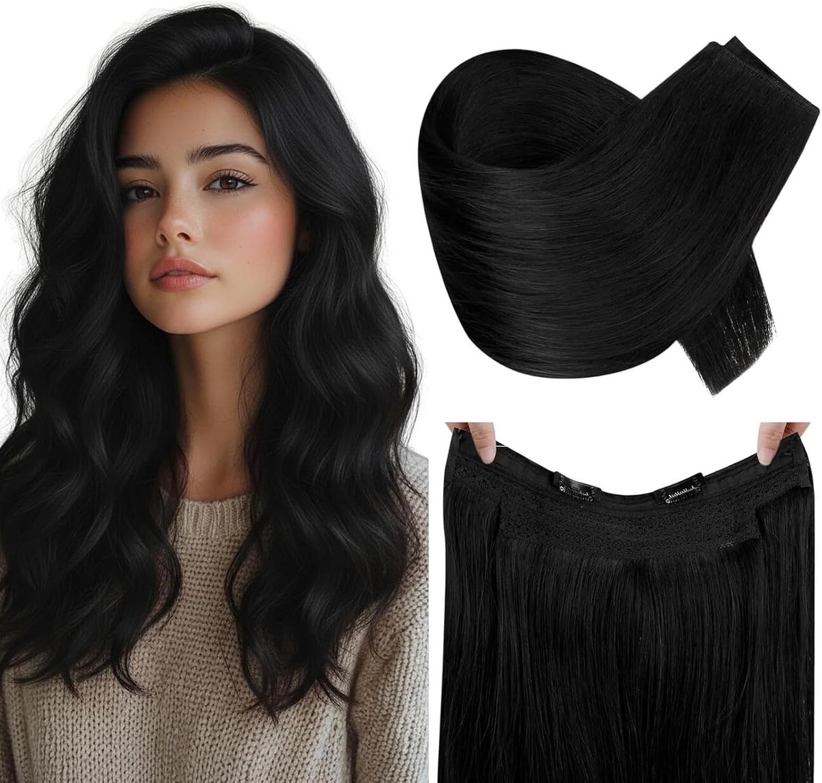 12 Inch Zwarte Draad Haarextensions van Menselijk Haar - Onzichtbare Vissenlijn Haarverlengingen - 70g Jet Black Kleur voor Volumineus Haar