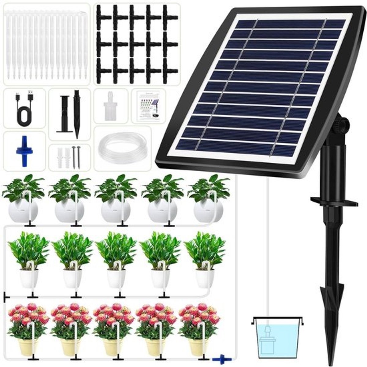 Automatisch Zonne Irrigatiesysteem - Zelfwaterend Systeem Planten - Planten Water Geven - Zonne-energie Aangedreven - 15M slang - Zwart