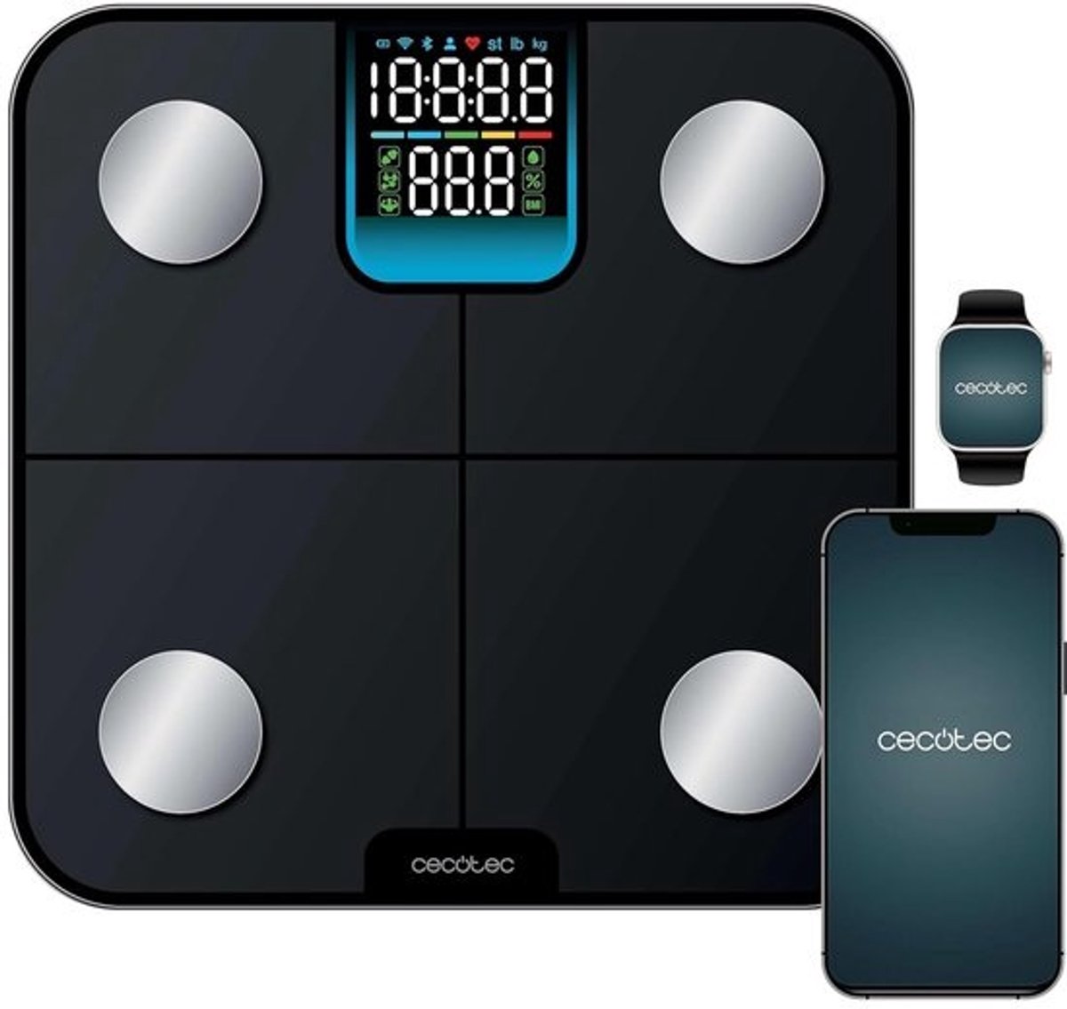 Slimme Personenweegschaal - Gezondheid Tracker - Gezondheid Meten - 25 Lichaamsparameters - 28x28 cm - Zwart