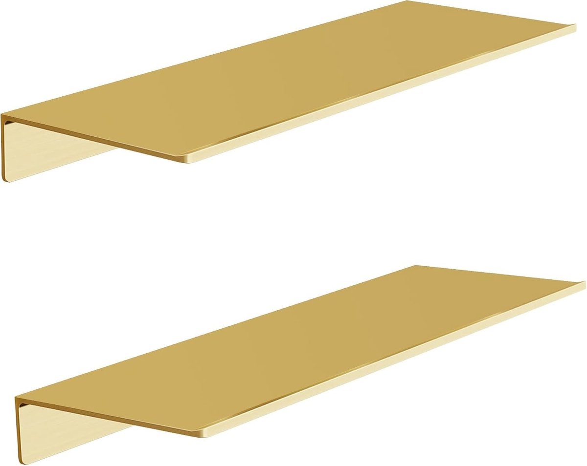 Decoratieve Metalen Wandplank Set van 2, Zwevende Planken in Geborsteld Goud voor Slaapkamer, Woonkamer en Badkamer, Ideaal voor Presentatie en Opslag