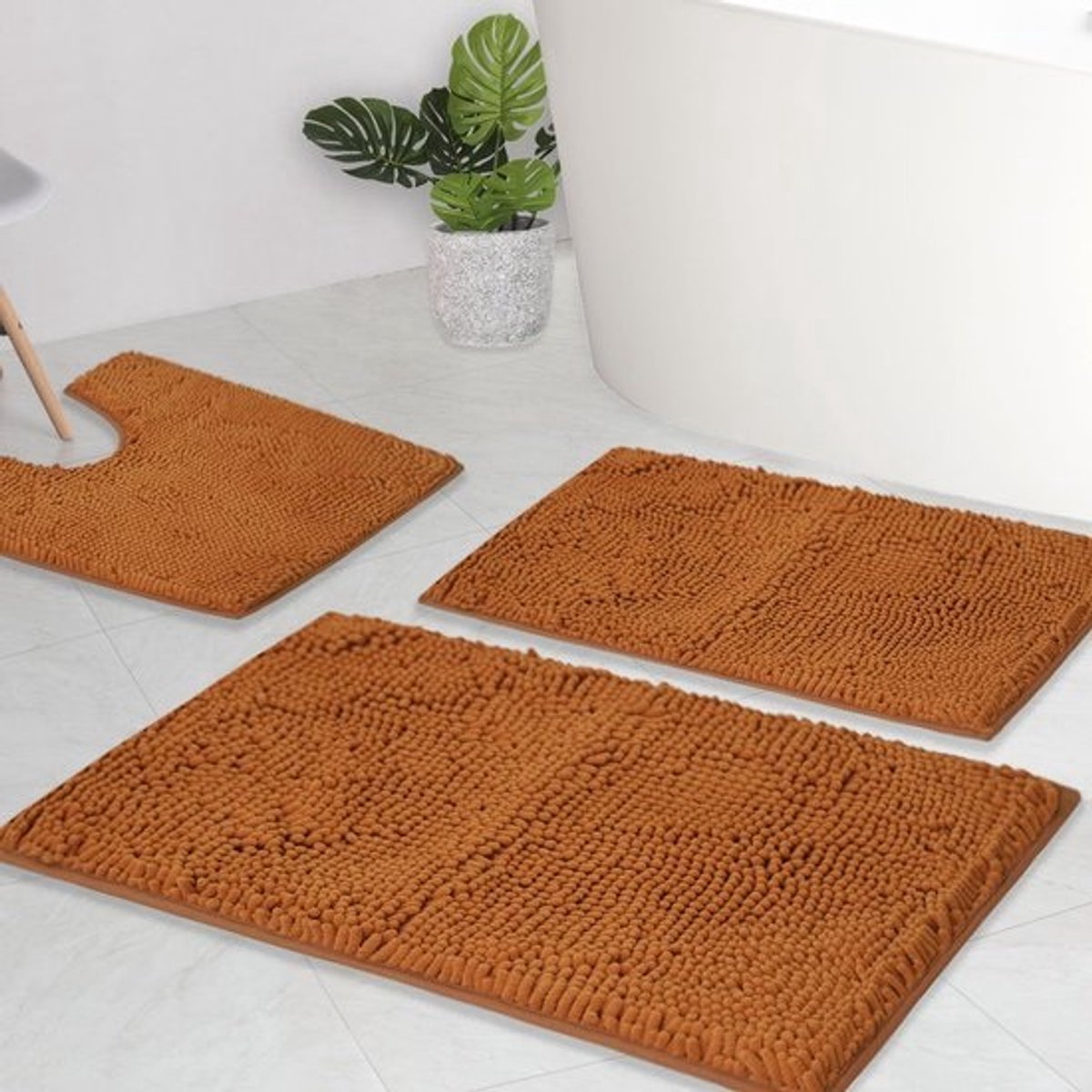 Badkamermatten Chenille Set - Badmatten Set - Voeten Drogen - Super Absorberend - 3-Delig - Champagne