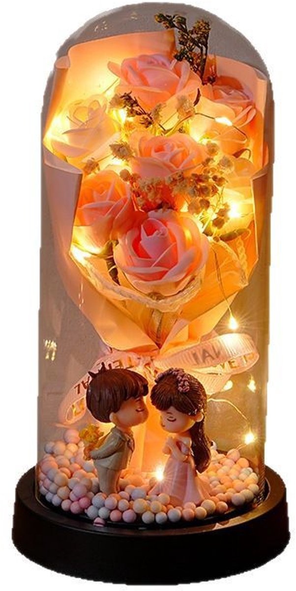 Casalora Roses of Eternity – 7 Eeuwige Champagneroze Rozen – LED Acryl Stolp met Koppelpoppetjes – Valentijnscadeau voor Vriendin of Geliefde
