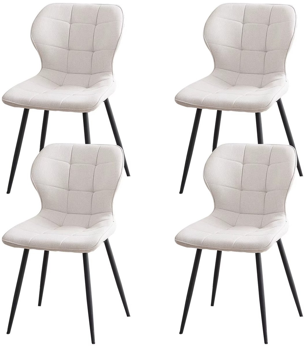 Whoopr® Set van 4 Scandinavische Eetkamerstoelen – Gestoffeerde Stoelen van Linnen Stof – Comfortabele Keukenstoelen met Metalen Poten – Voor Eetkamer & Woonkamer - Crème