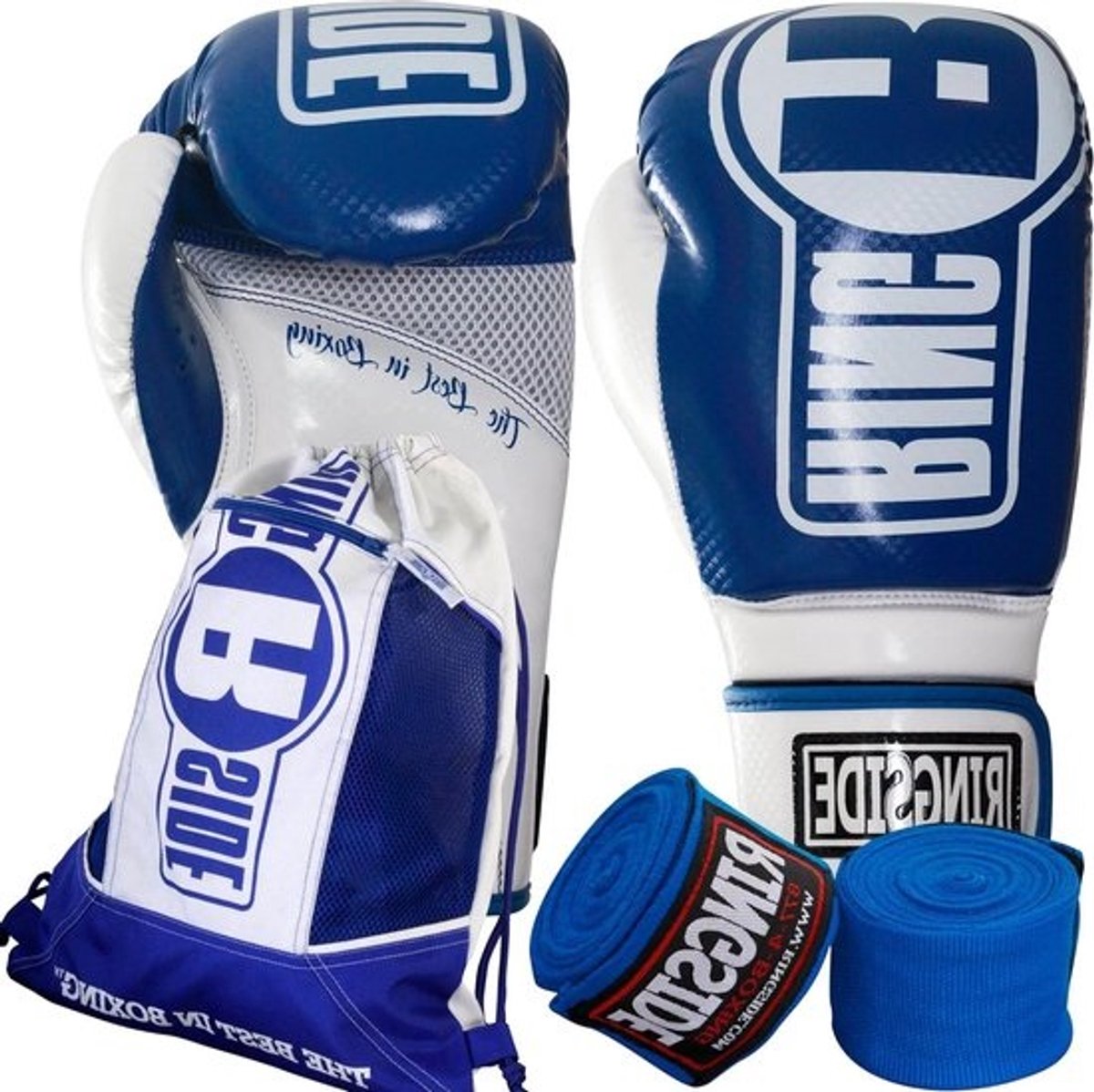 Boksen Fitness Bundel - Trainingsset Handschoenen - Sporten Thuis - Compleet Inclusief Tas - 180 Inch Wraps - Blauw Wit