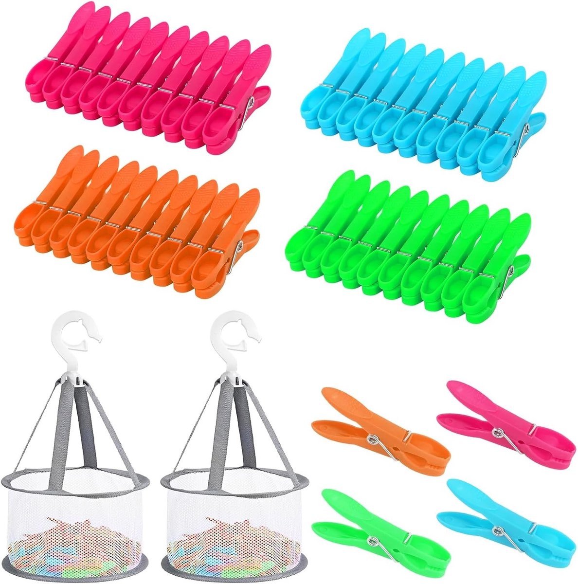 Wasknijpers met Mand - Kleurig - 7,5 x 1 x 3 cm - Kunststof en Roestvrij Staal - Voor Kleding en Snacks