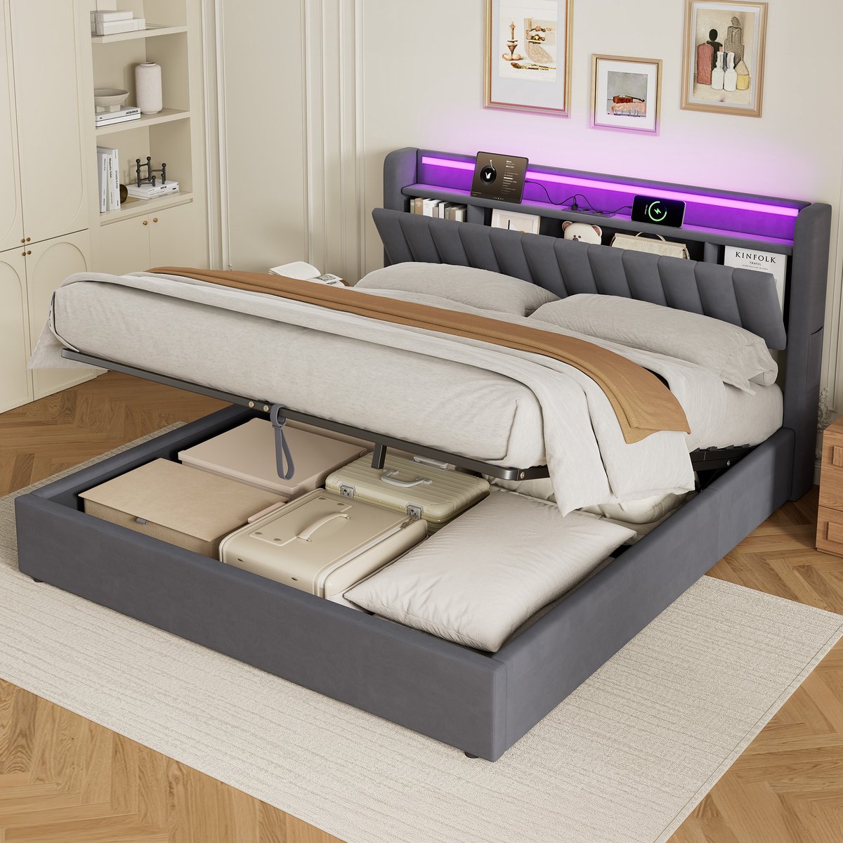 MIVRAY Bed - Opbergruimte - 180 x 200 cm - Fluweel, Metaal En Hout - Donkergrijs - Met USB En Sfeerverlichting - Gestoffeerd Hoofdbord