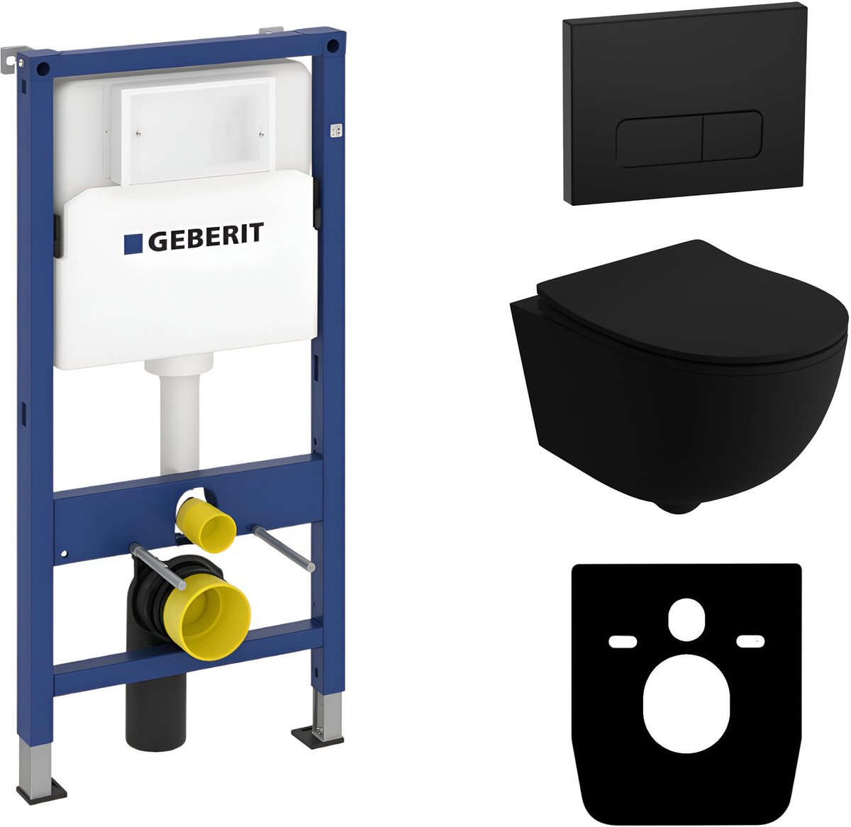 GEBERIT BASIC BRAVA BLACK - Inbouwreservoir WC - Zwarte Delta drukplaat - Rimless wandcloset - Toiletset Zwart