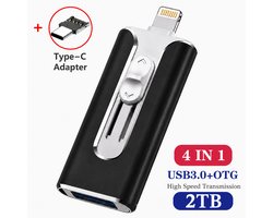 4-in-1 2 TB Snelle USB Flash Drive - Type-C USB Geheugenstick voor Telefoon, Tablet en Computer - Draagbare Opslag voor Foto's, Video's en Bestanden - Snelle Gegevensoverdracht - Zwart