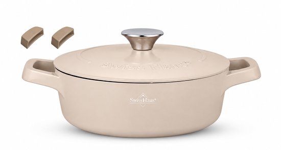 Swiss Haus® ZLC28BE Hapjespan Inductie met Deksel - Ø 28 cm / 3.9 Liter - PFAS Vrij - Hapjespannen Voor Alle Warmtebronnen - Braadpan Met Sapphire™ Antiaanbaklaag - Beige