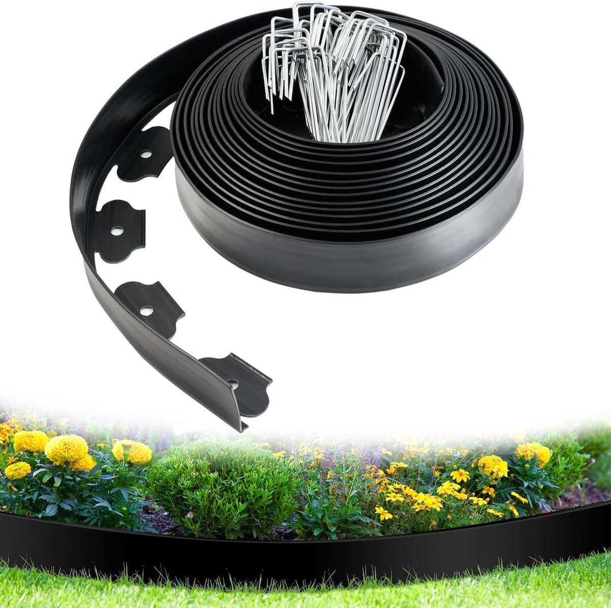 Flexibele tuinrand van plastic met 50 grondankers, 10 m lang en 5 cm hoog, inclusief hamer, eenvoudig te installeren, perfect voor gazonafscheiding en tuinomheining