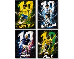 Voetbal Poster - Legendes met Nummer 10 – Maradona, Ronaldinho, Zidane & Pelé – 4 Voetbal posters – 30 x 40 cm