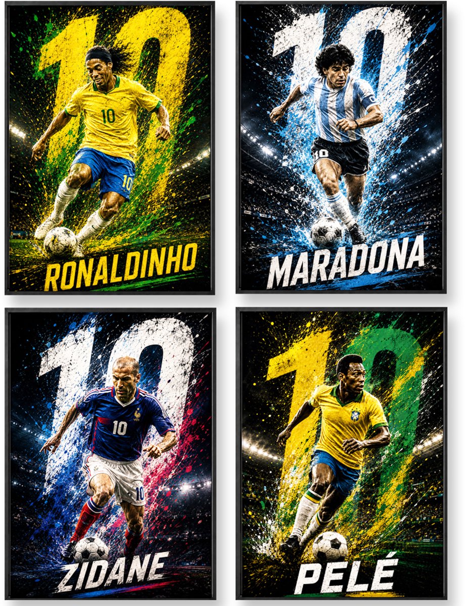 Voetbal Poster - Legendes met Nummer 10 – Maradona, Ronaldinho, Zidane & Pelé – 4 Voetbal posters – 30 x 40 cm