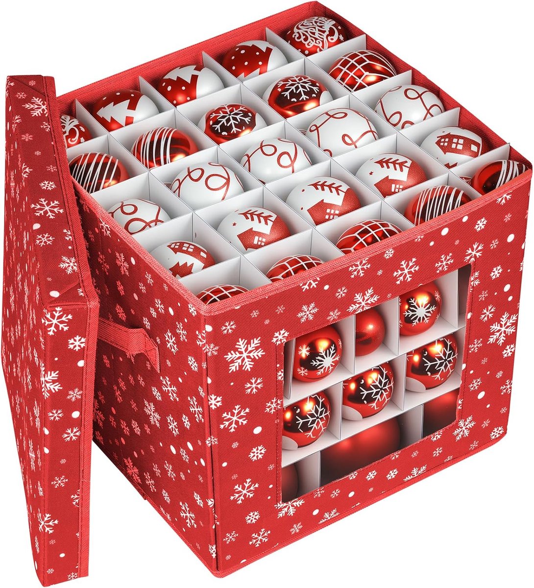 1 Rode kerst opbergdoos - 30×30×30cm - Sneeuwvlokpatroon - Opvouwbare stoffen opbergdoos - Kerstdecoratie organizer met verdelers - Zichtbare opbergruimte voor beeldjes, glaswerk, kristal en wijnglazen