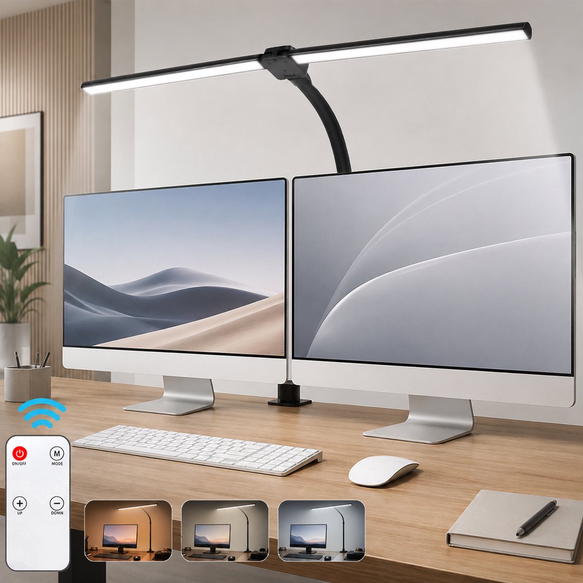 Rosnek LED Bureaulamp met Klem - Dubbele Architectenlamp 80 cm - Dimbaar met Afstandsbediening - Monitorlamp voor Groot Bureau - Leeslamp voor Thuiswerk - Werkbanklamp met Flexibele Zwanenhals