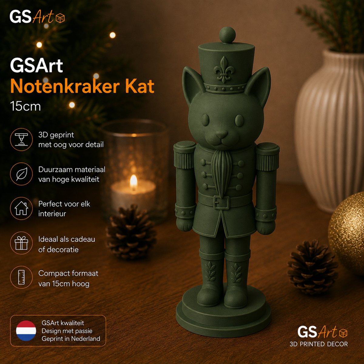 GSArt Notenkraker Kat 15cm – 3D-geprinte kerstdecoratie - Mat Donkergroen
