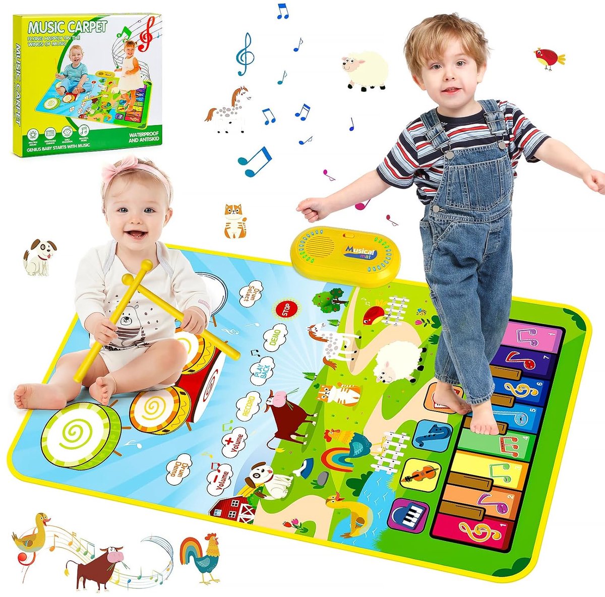 VONKELIOS® 3‑in‑1 Pianomat Dierenboerderij, interactieve muziekmat met dierengeluiden voor kinderen 1‑3 jaar, 80x50 cm